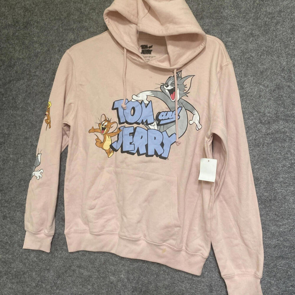 Tom & Jerry Juniors Size L 11/13 Pullover Pink Hoodie Front & Sleeve Graphic